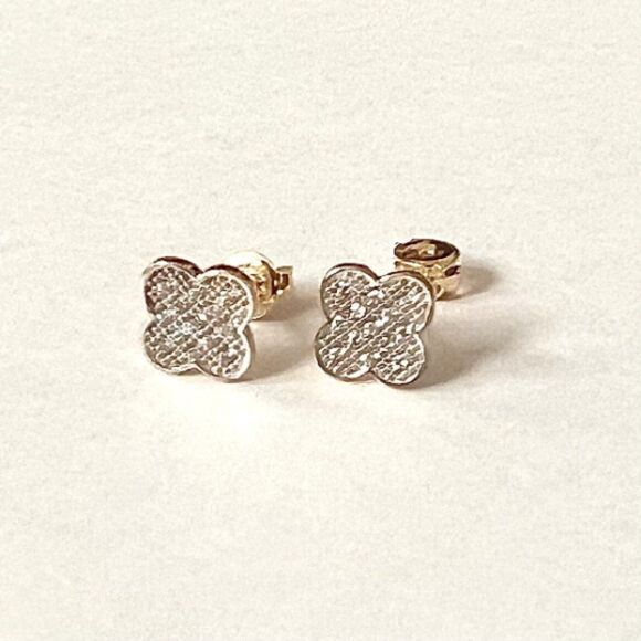 14k Real Gold 7 mm Clover Stud Earrings (7 x 7 mm) | Real Gold Earrings | - Picture 1 of 9